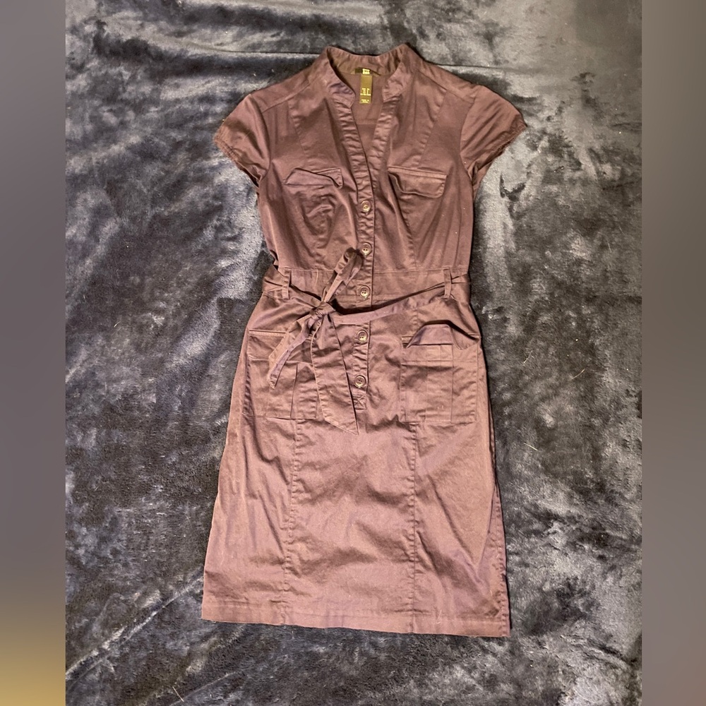 6 H&M Royal Purple Stretch Cotton Short sleeve utility dress button down w/belt